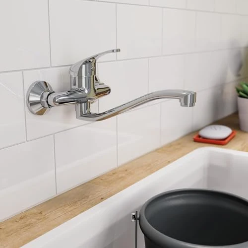 EISL NI161EUCR EUROPA Wandwasserhahn Chrom, Wand-Spültischarmatur 360°, ideal für Doppelspülbecken, Wasserhahn Wandmontage, Wandarmatur für Küche/Ausgussbecken, Mischbatterie für Wandmontage