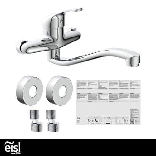 EISL NI161EUCR EUROPA Wandwasserhahn Chrom, Wand-Spültischarmatur 360°, ideal für Doppelspülbecken, Wasserhahn Wandmontage, Wandarmatur für Küche/Ausgussbecken, Mischbatterie für Wandmontage