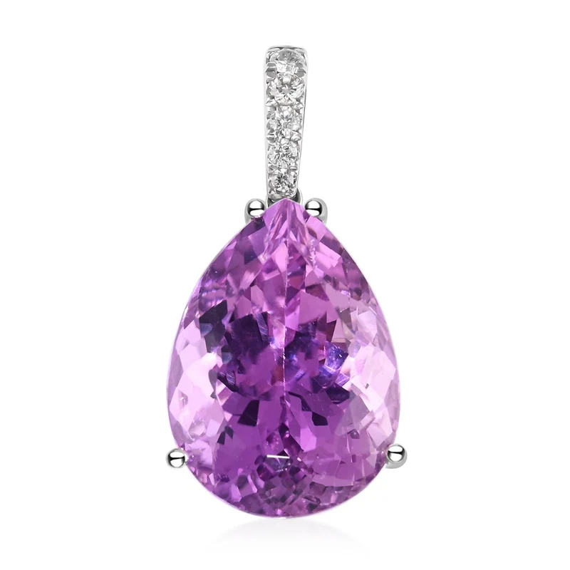 Rhapsody AAAA Kunzit, Weißer Diamant, zertifiziert und geprüft, Anhänger 950 Platin ca. 13.21 ct