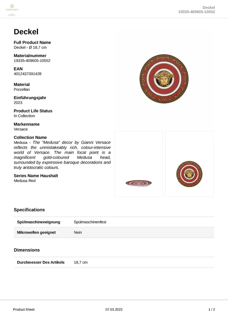 Rosenthal Versace - Medusa 'Deckel zu Bowl 18 cm' 2023