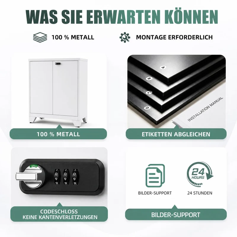 Aktenschrank Abschließbar, Metallschrank Klein, Büroschrank mit Kombinationsschloss,Mehrzweckschrank mit 2 Verstellbare Regale, Werkzeugschrank für Garage, Büro, Wohnzimmer, 90 x 80 x 40 cm, Weiß