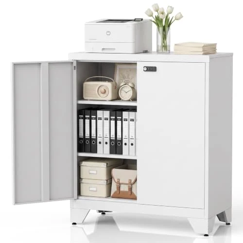 Aktenschrank Abschließbar, Metallschrank Klein, Büroschrank mit Kombinationsschloss,Mehrzweckschrank mit 2 Verstellbare Regale, Werkzeugschrank für Garage, Büro, Wohnzimmer, 90 x 80 x 40 cm, Weiß