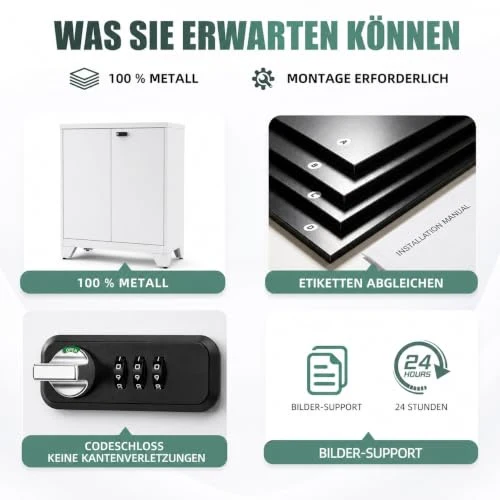 Aktenschrank Abschließbar, Metallschrank Klein, Büroschrank mit Kombinationsschloss,Mehrzweckschrank mit 2 Verstellbare Regale, Werkzeugschrank für Garage, Büro, Wohnzimmer, 90 x 80 x 40 cm, Weiß