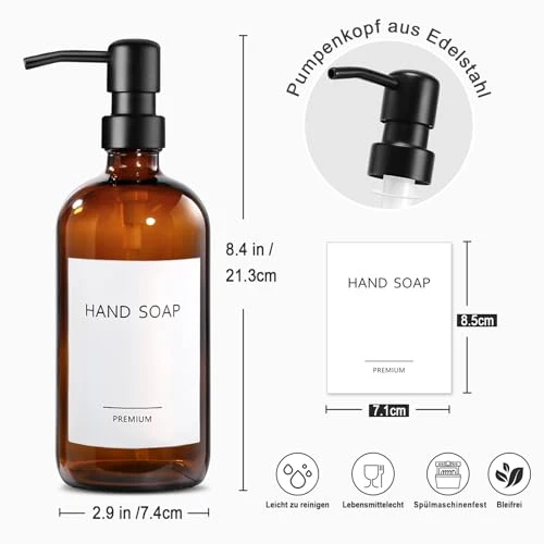 Seifenspender Glas, 500ml Solide Seifenspender Braun mit Pumpe aus Edelstahl, Set für Küche, Bad und Dusche, Vintage Braune Glasflaschen mit pumpe und Etiketten - 2 Stücke