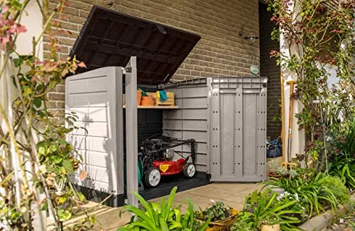 Keter Store it Out Pro Mülltonnenbox mit Gasdruckfeder, wetterfest, abschließbar, beige, 1.200 L, 145,5 x 82 x 123cm, passend für 2x240l Abfalltonnen