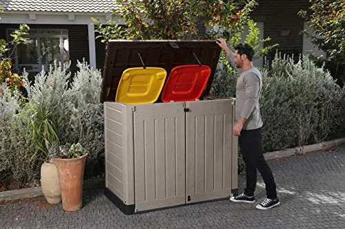 Keter Store it Out Pro Mülltonnenbox mit Gasdruckfeder, wetterfest, abschließbar, beige, 1.200 L, 145,5 x 82 x 123cm, passend für 2x240l Abfalltonnen