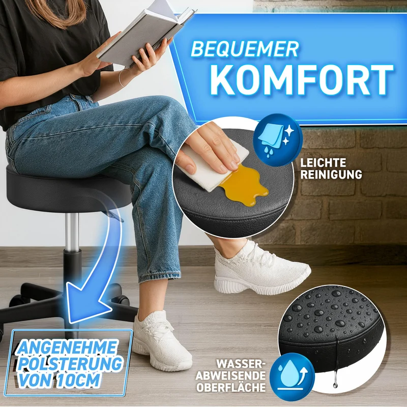 TRESKO® Rollhocker höhenverstellbar 10 cm Dicke Polsterung bis 150 kg