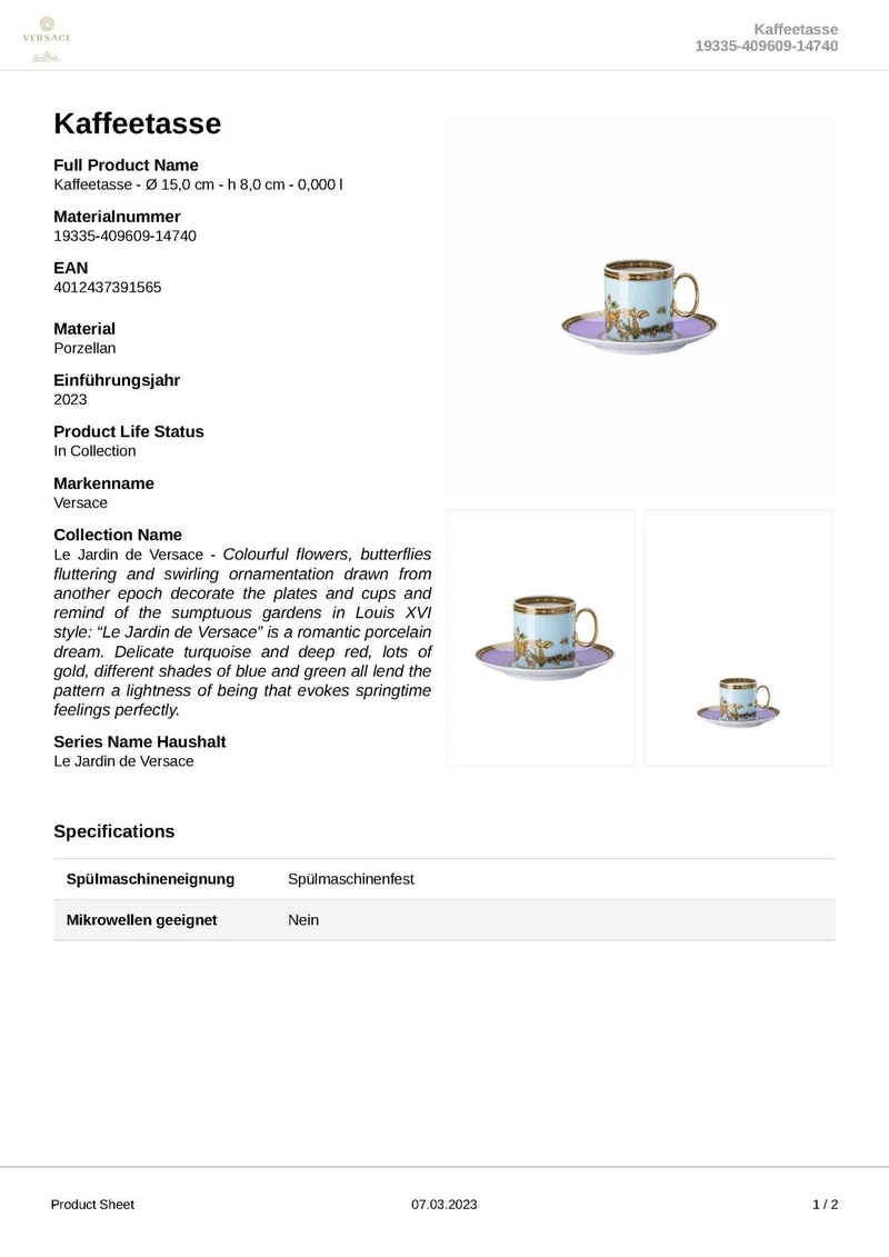 Rosenthal Versace - Le jardin de Versace 'Kaffeetasse 2-teilig' 2023