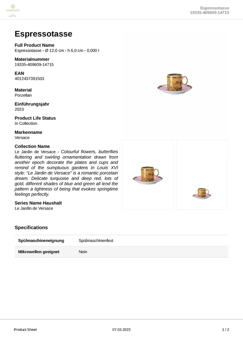 Rosenthal Versace - Le jardin de Versace 'Espressotasse 2-teilig' 2023