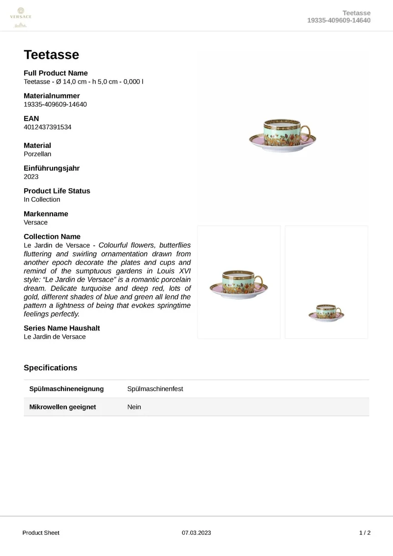 Rosenthal Versace - Le jardin de Versace 'Teetasse 2-teilig' 2023