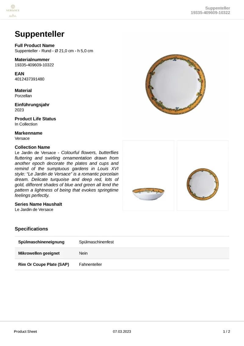 Rosenthal Versace - Le jardin de Versace 'Suppenteller 22 cm' 2023
