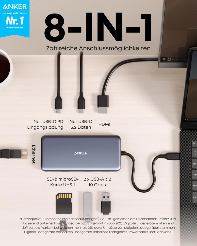 Anker 555 USB-C Docking Hub (8-in-1) PowerExpand Adapter, 4K 60Hz HDMI