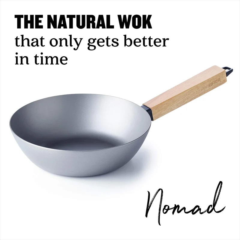 BEKA Carbonstahl Wokpfanne Induktion und Barbecue, mit hitzeabweisendem Griff aus Holz, ohne Deckel, 20cm, Bodendurchmesser 11,8cm, natürlich beschichtet, Nomad Kollektion