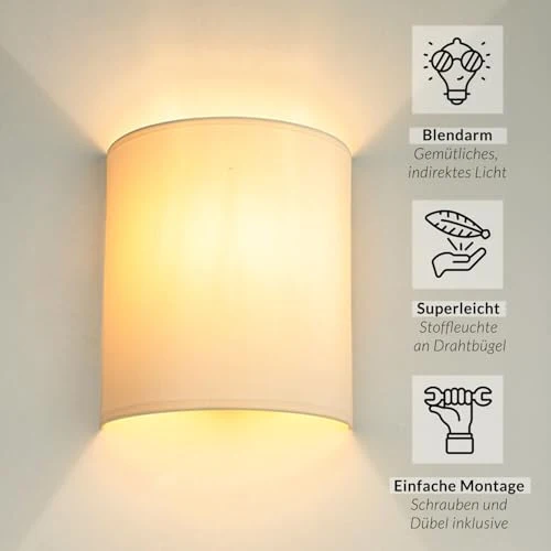 Licht-Erlebnisse Wandleuchte Weiß Creme, Stoff Lampenschirm, Wandlampe E27, H:23 cm, Up Down Leuchte, blendarm, gemütlich, Wohnzimmer, Wandlampe Schlafzimmer