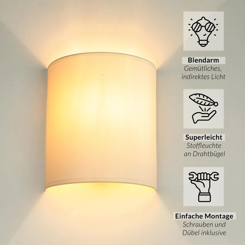 Licht-Erlebnisse Wandleuchte Weiß Creme, Stoff Lampenschirm, Wandlampe E27, H:23 cm, Up Down Leuchte, blendarm, gemütlich, Wohnzimmer, Wandlampe Schlafzimmer