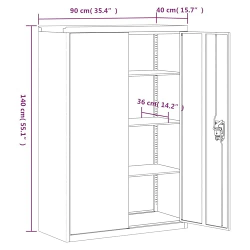 Aktenschrank Anthrazit aus pulverbeschichtetem Stahl 90x40x140 cm mit 3 Einlegeböden abschließbar für Büro, Arbeitszimmer, Homeoffice, Büromöbel zur sicheren Aktenablage und