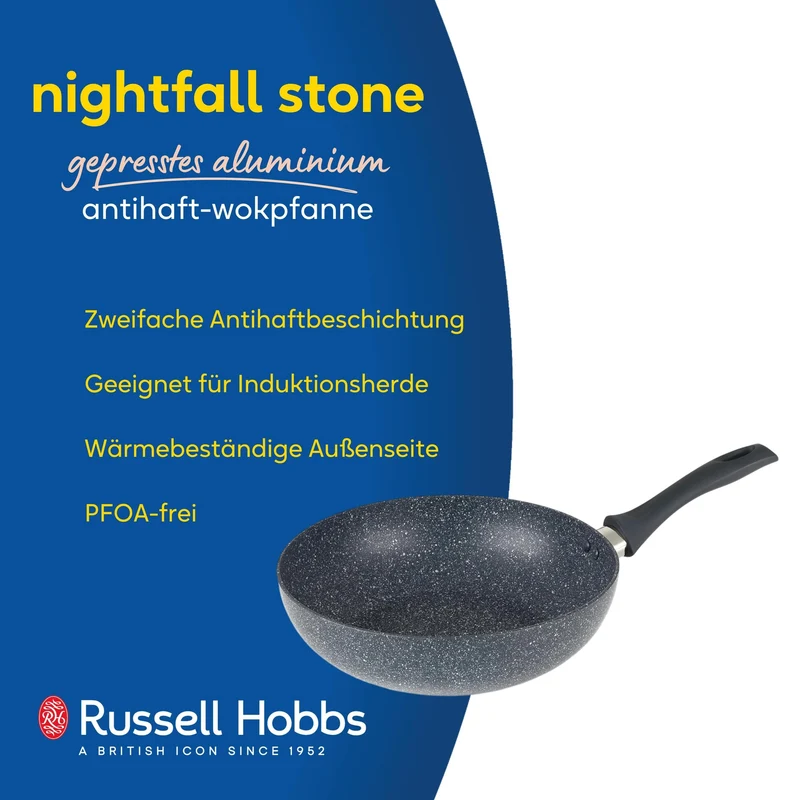 Russell Hobbs RH00851EU Frittierpfanne Mit Tiefem Rühren - 28cm antihaft Wok Pfanne, BPA/PFOA-frei, einfache Reinigung, Alle Kochfelder geeignet, Soft-Touch-Griffe Nightfall Stone, Blau Marmor