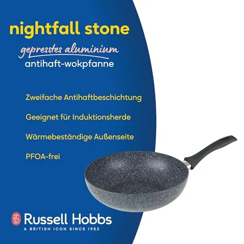 Russell Hobbs RH00851EU Frittierpfanne Mit Tiefem Rühren - 28cm antihaft Wok Pfanne, BPA/PFOA-frei, einfache Reinigung, Alle Kochfelder geeignet, Soft-Touch-Griffe Nightfall Stone, Blau Marmor