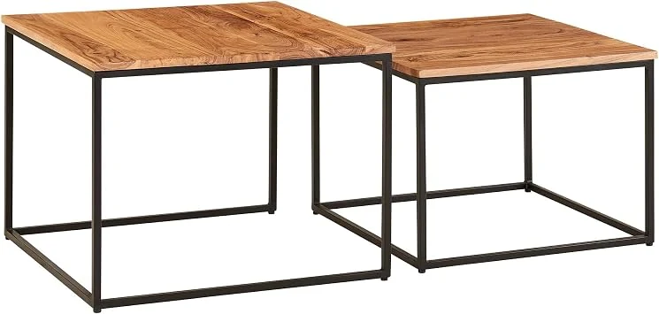 FineBuy Couchtisch 2er Set Akazie Massivholz Quadratisch, Satztisch
