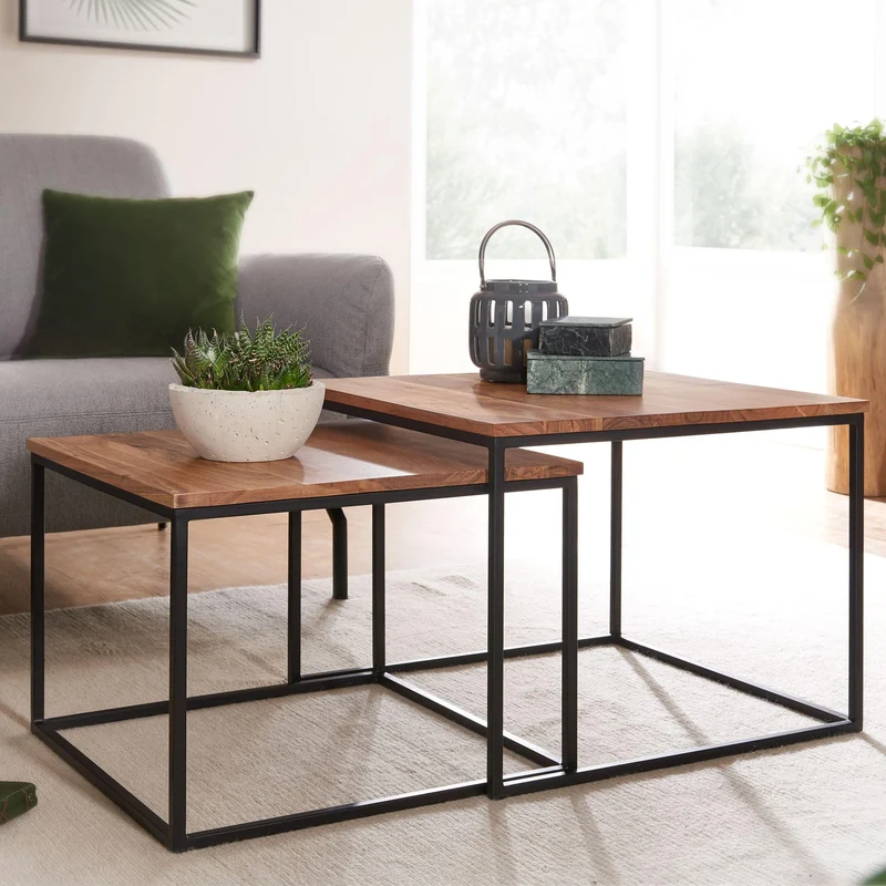 FineBuy Couchtisch 2er Set Akazie Massivholz Quadratisch, Satztisch