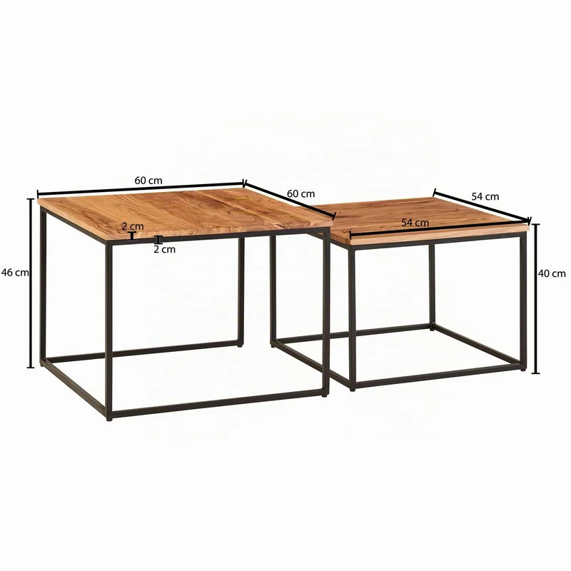 FineBuy Couchtisch 2er Set Akazie Massivholz Quadratisch, Satztisch