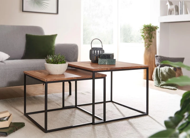 FineBuy Couchtisch 2er Set Akazie Massivholz Quadratisch, Satztisch