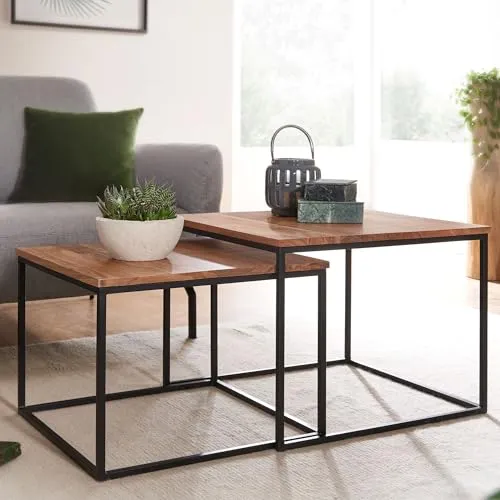 FineBuy Couchtisch 2er Set Akazie Massivholz Quadratisch, Satztisch