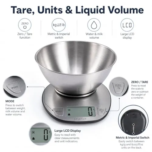EXZACT Digitale Küchenwaage Edelstahl - Elektronische Kochwaage mit Abnehmbarer Schüssel zum Backen und Kochen - Tara-Funktion - Max 5 kgs - küchenwaage mit schüssel