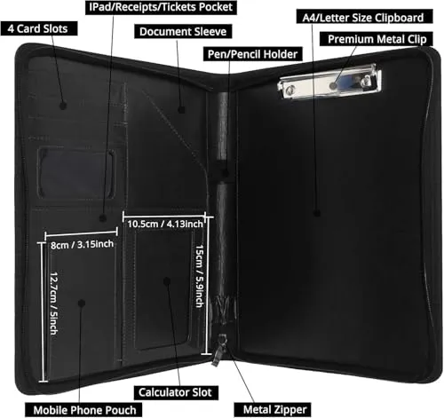 GraduationMall Schreibmappe A4 Reißverschluss, Klemmbrett Business Mappe Konferenzmappe, Dokumentenmappe Leder, Portfolio Padfolio Schwarz