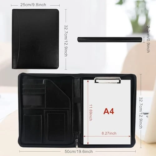 GraduationMall Schreibmappe A4 Reißverschluss, Klemmbrett Business Mappe Konferenzmappe, Dokumentenmappe Leder, Portfolio Padfolio Schwarz
