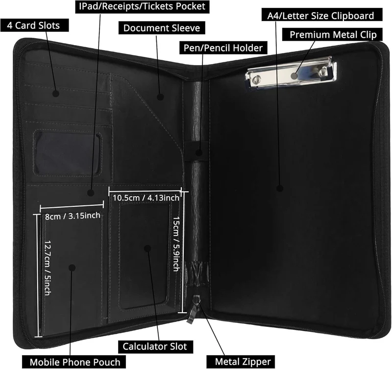 GraduationMall Schreibmappe A4 Reißverschluss, Klemmbrett Business Mappe Konferenzmappe, Dokumentenmappe Leder, Portfolio Padfolio Schwarz
