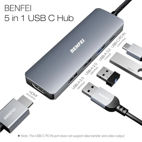 BENFEI USB C Hub 5in1, USB C Multiport Adapter mit 4K HDMI/PD 100W / 3*USB-A Datenports 10Gbps [Silikon/gewebtes Design, Aluminiumgehäuse] für MacBook Pro/Air, iPad Pro, iMac, iPhone 15 Serie, XPS