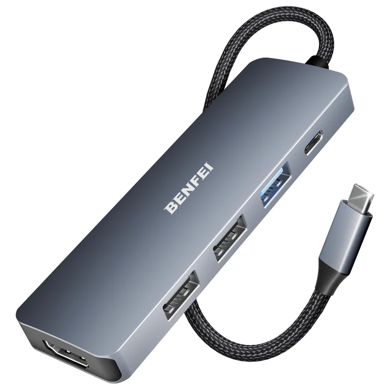 BENFEI USB C Hub 5in1, USB C Multiport Adapter mit 4K HDMI/PD 100W / 3*USB-A Datenports 10Gbps [Silikon/gewebtes Design, Aluminiumgehäuse] für MacBook Pro/Air, iPad Pro, iMac, iPhone 15 Serie, XPS