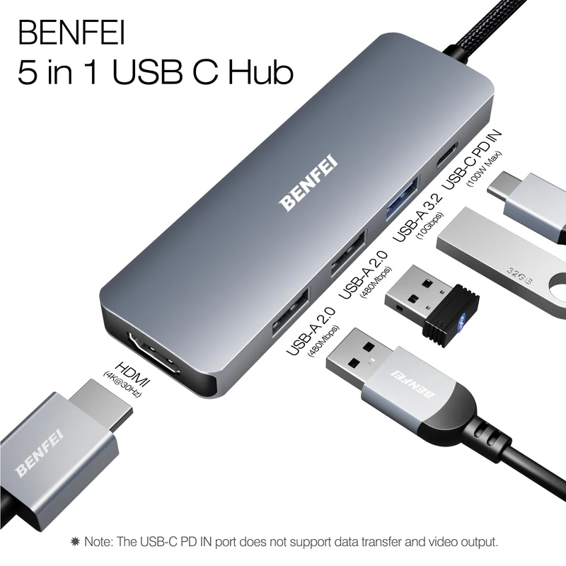 BENFEI USB C Hub 5in1, USB C Multiport Adapter mit 4K HDMI/PD 100W / 3*USB-A Datenports 10Gbps [Silikon/gewebtes Design, Aluminiumgehäuse] für MacBook Pro/Air, iPad Pro, iMac, iPhone 15 Serie, XPS