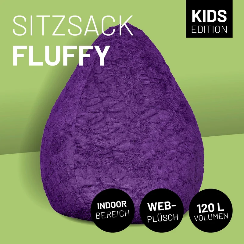 Lumaland Fluffy Sitzsack | Kinderzimmer Sitzkissen 60 x 45 cm | Waschbarer Bezug aus Webplüsch | Flauschiger & weicher Kinder Bodenkissen | Passend für Mädchen & Jungen | 120L Volumen [Dunkel Lila]