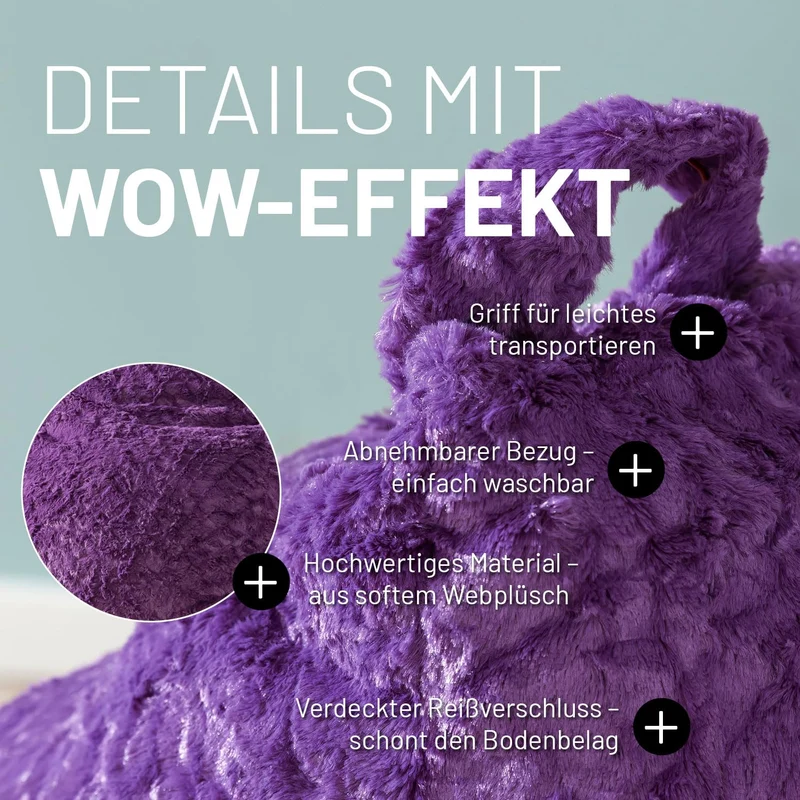 Lumaland Fluffy Sitzsack | Kinderzimmer Sitzkissen 60 x 45 cm | Waschbarer Bezug aus Webplüsch | Flauschiger & weicher Kinder Bodenkissen | Passend für Mädchen & Jungen | 120L Volumen [Dunkel Lila]
