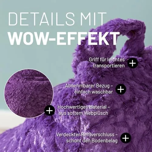 Lumaland Fluffy Sitzsack | Kinderzimmer Sitzkissen 60 x 45 cm | Waschbarer Bezug aus Webplüsch | Flauschiger & weicher Kinder Bodenkissen | Passend für Mädchen & Jungen | 120L Volumen [Dunkel Lila]
