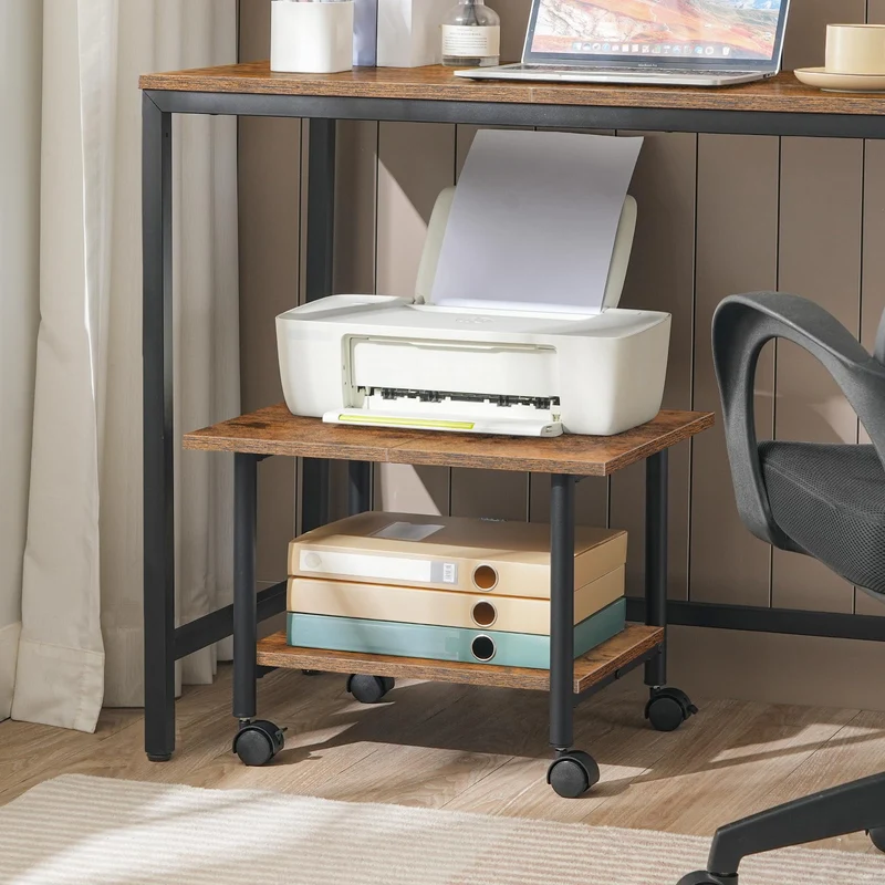 HOOBRO Druckertisch, Druckerwagen mit arretierbaren Rädern Druckerständer rollbar mit 2 Ebenen, Druckerhalter Industrie-Design, Rollcontainer, für Büro, Fax, Dunkelbraun und Schwarz EBF02PS01G1