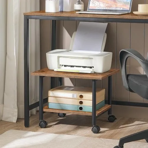 HOOBRO Druckertisch, Druckerwagen mit arretierbaren Rädern Druckerständer rollbar mit 2 Ebenen, Druckerhalter Industrie-Design, Rollcontainer, für Büro, Fax, Dunkelbraun und Schwarz EBF02PS01G1