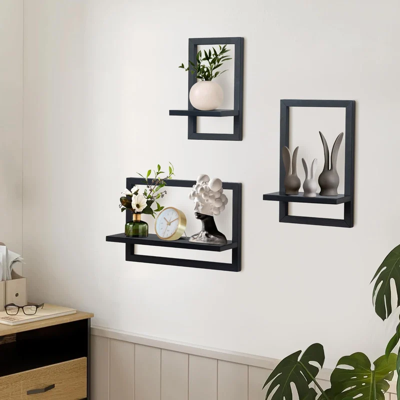 Set mit 3 Wandregalen, Schwebende Regal für die Wand Deko, Hängeregale zur Wandaufbewahrung, Quadratische Bücherregal Wand, Wandregal Holz Hängeregal für Schlafzimmer, Wohnzimmer, Schwarz