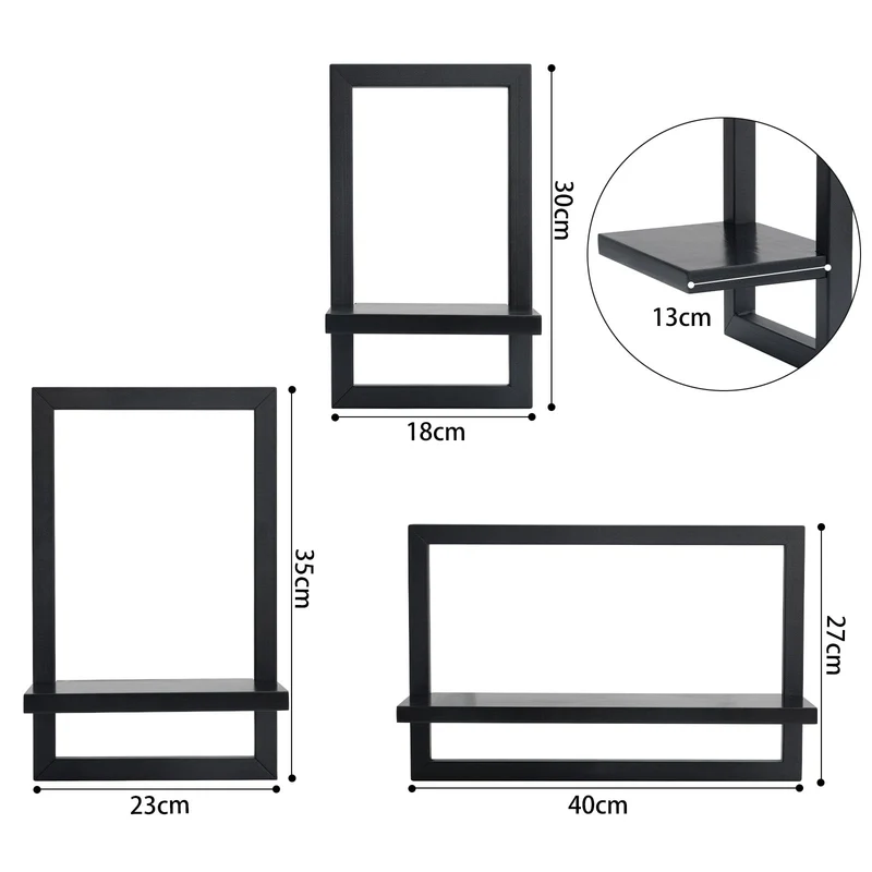 Set mit 3 Wandregalen, Schwebende Regal für die Wand Deko, Hängeregale zur Wandaufbewahrung, Quadratische Bücherregal Wand, Wandregal Holz Hängeregal für Schlafzimmer, Wohnzimmer, Schwarz