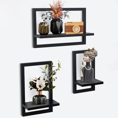 Set mit 3 Wandregalen, Schwebende Regal für die Wand Deko, Hängeregale zur Wandaufbewahrung, Quadratische Bücherregal Wand, Wandregal Holz Hängeregal für Schlafzimmer, Wohnzimmer, Schwarz