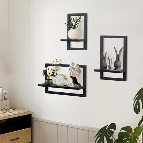 Set mit 3 Wandregalen, Schwebende Regal für die Wand Deko, Hängeregale zur Wandaufbewahrung, Quadratische Bücherregal Wand, Wandregal Holz Hängeregal für Schlafzimmer, Wohnzimmer, Schwarz