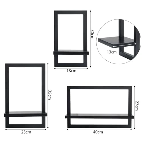 Set mit 3 Wandregalen, Schwebende Regal für die Wand Deko, Hängeregale zur Wandaufbewahrung, Quadratische Bücherregal Wand, Wandregal Holz Hängeregal für Schlafzimmer, Wohnzimmer, Schwarz