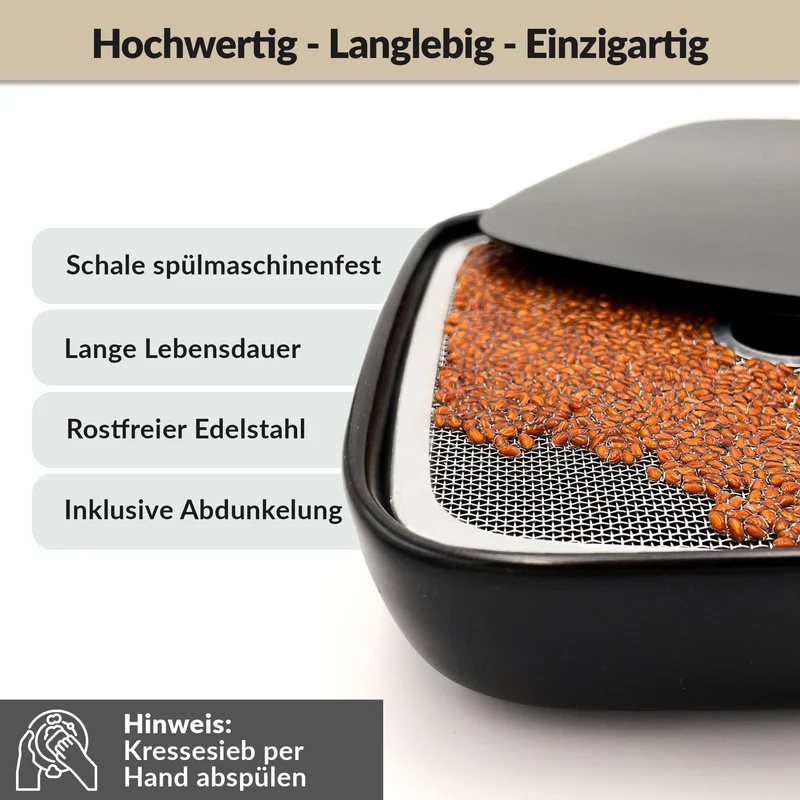 Otaro Kresse Anzuchtschalen inkl. Kressesamen aus Deutschland | Direkt Loslegen | Sprossen Anzuchtset | Edles Kressesieb | Keimschalen für Sprossen | (Schwarz - Premium Keramikset)
