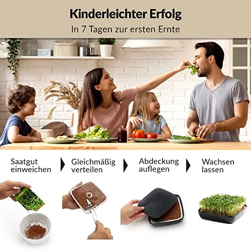 Otaro Kresse Anzuchtschalen inkl. Kressesamen aus Deutschland | Direkt Loslegen | Sprossen Anzuchtset | Edles Kressesieb | Keimschalen für Sprossen | (Schwarz - Premium Keramikset)