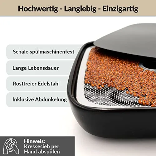Otaro Kresse Anzuchtschalen inkl. Kressesamen aus Deutschland | Direkt Loslegen | Sprossen Anzuchtset | Edles Kressesieb | Keimschalen für Sprossen | (Schwarz - Premium Keramikset)