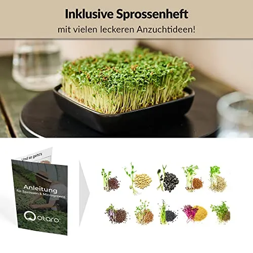 Otaro Kresse Anzuchtschalen inkl. Kressesamen aus Deutschland | Direkt Loslegen | Sprossen Anzuchtset | Edles Kressesieb | Keimschalen für Sprossen | (Schwarz - Premium Keramikset)