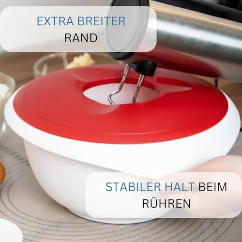 Westmark Rühr-/Backschüssel mit Spritzschutz, Deckel und Ausgießer, Kunststoff,Weiß/Rot, 3155227R Füllmenge: 3,5 L
