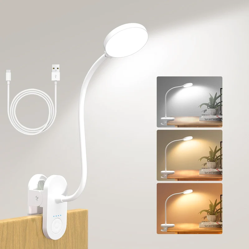 61 LED Akku Leselampe Bett –【3 Farbmodi & 10 Helligkeiten】 2000mAh Klemmlampe mit USB-C, 40cm Flexibler Schwanenhals, Buchlampe, Klemmleuchte für Schlafzimmer, Schreibtisch & Camping
